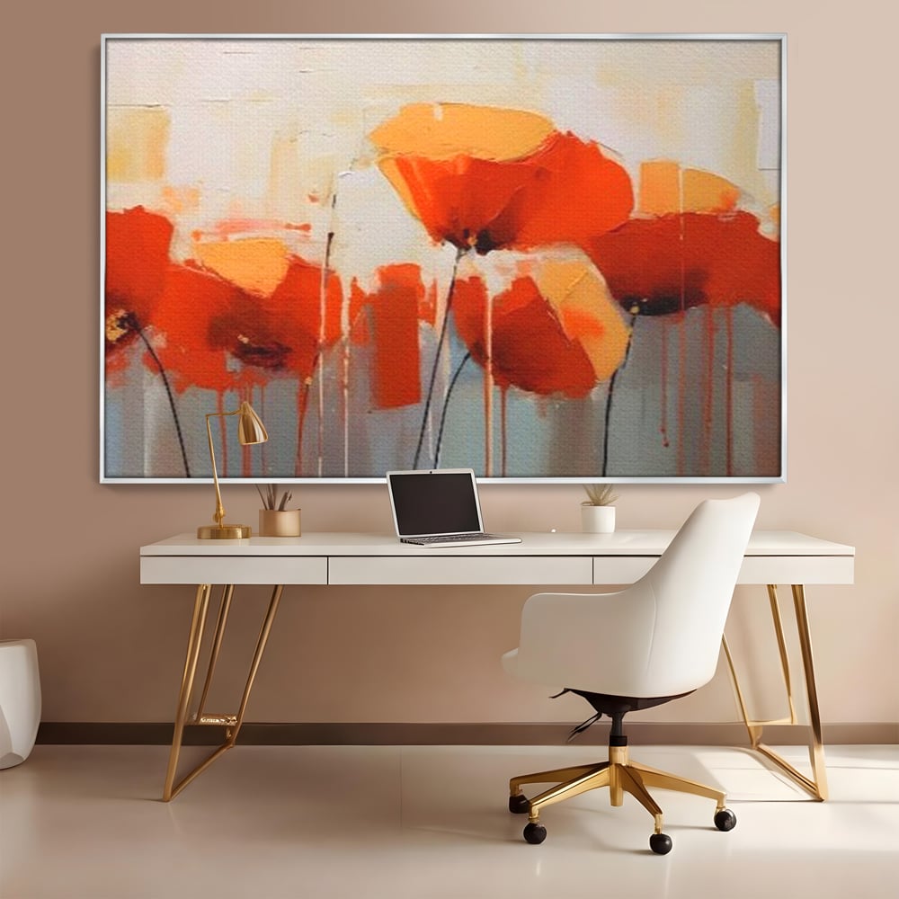 Tablou canvas cu tablou canvas cu maci in ulei, in rama de aluminiu argintiu, pe perete intr-un birou